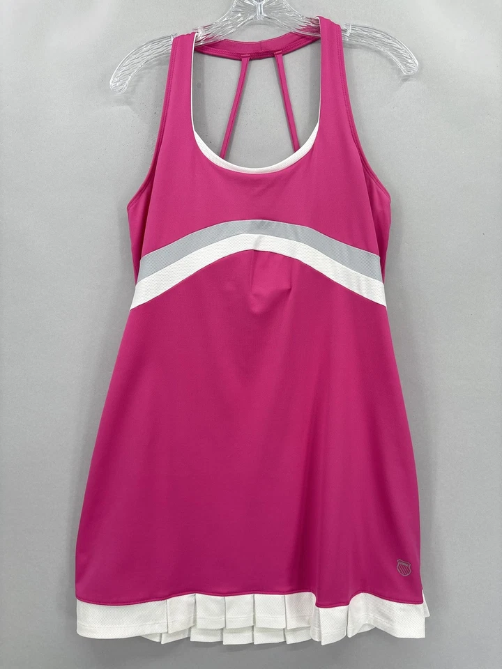 K-Swiss Tennis Dress Womens Large Pink White Racerback Pleated Hem Built-in Bra - Image 1 of 4