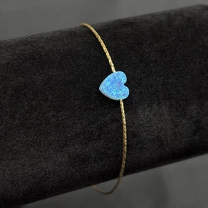 14k Yellow Gold Heart Cut Blue Opal Tension Bracelet 8” 1g Italy - Picture 1 of 5