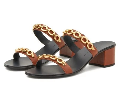 Sandalias Giuseppe Zanotti Cuero Marrón Doble Correa Oro Cadena Tacón Talla 7 NUEVAS Foto 1 de 4