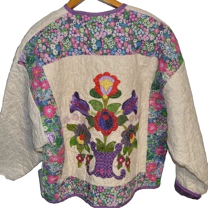 Women’sJacket Handmade Granny Core Square Quilt Button Up Floral Long Sleeve - Picture 1 of 9