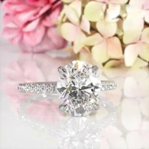 2.50CT White Oval Cut CZ Fancy Halo Engagement & Wedding Solid 925 Silver Ring - Picture 1 of 5