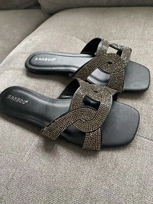 BAMBOO 女式黑色皮革平底拖鞋水钻凉鞋 8.5 码全新无标签 — 第 1/4 张图片