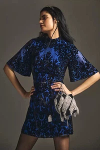 Anthropologie Mini Abito Kimono Scollo Finto Velluto Burnout Manica Svasata 4 Nuovo con etichette Blu - Foto 1 di 6