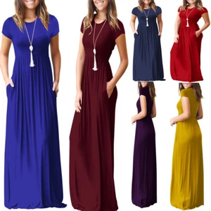 Fashion Women's Short Sleeve Loose Plain Maxi Dresses Long Dresses with Pockets - Picture 1 of 26