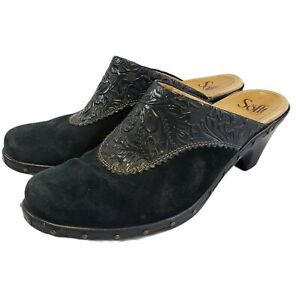 Sofft Comfort Mules Black Womens Size 8 M Suede Tooled Embossed Leather Studded