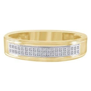 0.10Ct Real Round Cut Diamond Men's Double Row Wedding Band Ring 14K Yellow Gold - Picture 1 of 7