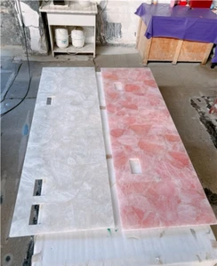 "White & Rose Quartz Counter Slab – Console, Bar & End Slab for Living Interior  - Picture 1 of 3
