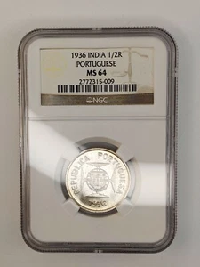 1936 India Portuguese Silver 1/2 Rupia - NGC Graded MS 64 - Picture 1 of 4