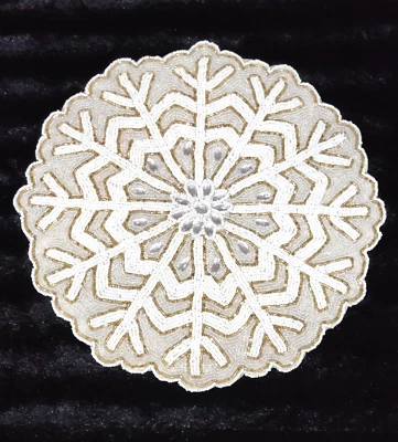 Glass Beaded 15" Christmas Snowflake 2pc Placemat Charger Gems Silver Gold Pearl - Image 1 of 4