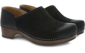 New $140 Dansko Brenna Black Burnished Suede Leather Clogs Shoes 38 7.5 8