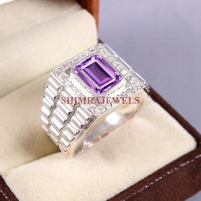 Piedra preciosa de amatista natural con anillo de plata enchapado en oro blanco de 18 quilates para hombre #294 Foto 1 de 4