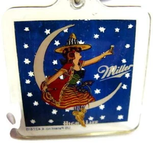 Miller High Life Key Chain Acrylic Advertise Moon Stars Witch Car Truck Auto Vtg - Foto 1 di 6