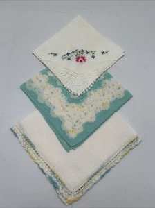 Vtg Handkerchiefs Lot of 3 AQUA embroidered printed  hankies MCM - Picture 1 of 4
