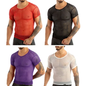 Men's Hollow Out Fishnet Blouse Shirts Crop Tops Casual Sport Muscle T-Shirt Gym - Picture 1 of 53