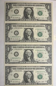 Bureau of Engraving and Printing UNCUT SHEET OF (4) 2009 ONE DOLLAR BILLS SF $1 - Picture 1 of 1