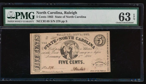 AC Obsolete State of North Carolina Raleigh 5 cents 1863 Cr NC-148 PMG 63 EPQ Cover