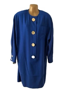 Vestido midi vintage de lana azul cobalto I. Magnin años 80 grandes botones dorados talla 14 - Imagen 1 de 14