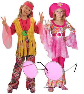 Hippy Hippie Girl Kids 60s 70s Fancy Dress Costume Outfit Groovy Pink Shades - Picture 1 of 3
