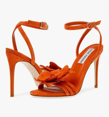 NWOB 6 Steve Madden Pumpkin Orange Suede Stiletto Sandal 3D Gemstone Flower - Image 1 of 4