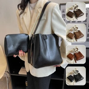 PU Leder Eimer Umhängetasche Set - große & kleine Taschen schwarz braun khaki schick - Bild 1 von 10