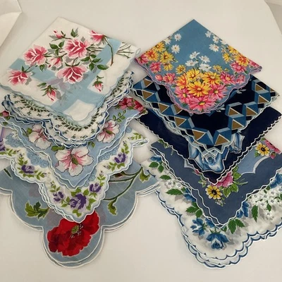 Vintage Ladies Hankies Lot Of  10 SCALLOPED EDGE SHADES OF BLUE TONES - Image 1 of 4