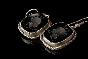 OLD CARVED CARNELIAN INTAGLIO WARRIOR STERLING DANGLE EARRINGS  MR - Picture 1 of 1