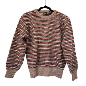 Vintage Striped Wool Crew Neck Sweater Tan Cream Red Medium - Picture 1 of 4