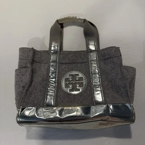 Tory Burch Grey & Silver Felt Bag. GUC. Green Liner. Tear In Liner. Needs Love! - Picture 1 of 9