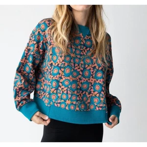 Natural Life Sweatshirt M Boho Floral Pullover Cotton Blend Teal Pink Cozy Top - Picture 1 of 12