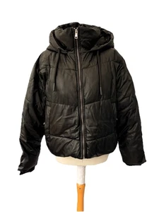 ZARA Black Faux Leather Padded Coat size L Full Zip Hooded Casual Women’s - Picture 1 of 10