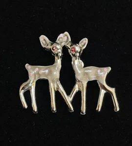 Vintage Fawn Deer Silver Tone Gray Enamel Pink Rhinestone Eyes Spots Brooch Pin - Picture 1 of 6