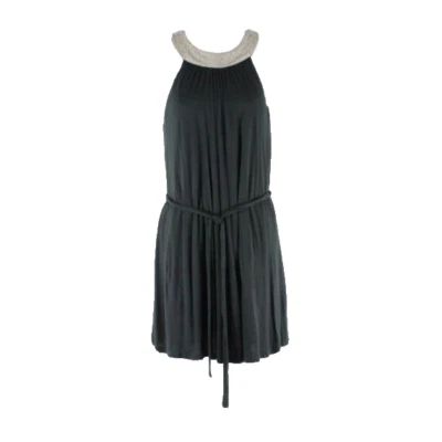 Velvet Dress NWT $196 Sz M Black Taupe Beaded Grecian Collar Belted Halter Dress - Image 1 of 4