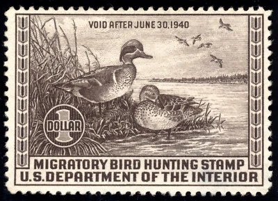 US RW6 $1 Hunting Permit Stamp 1939 Green-Winged Teal F-VF used - Image 1 of 2