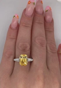 14K White Gold Ring 5.10 Ct Emerald Cut Lab Grown Diamond Yellow Sapphire - Picture 1 of 12