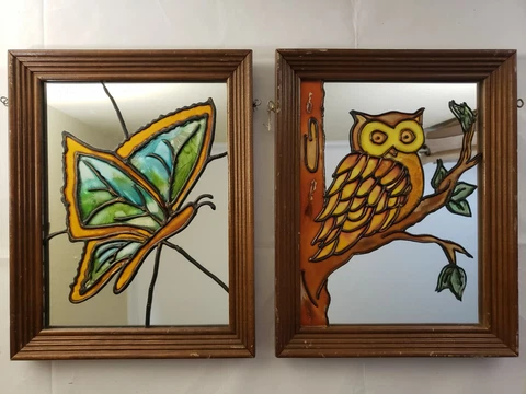 Vintage Stained Glass Style Mirror Art - Butterfly & Owl - Wood Framed 14" x 11" Cover