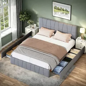 Samt Polsterbett 180x200cm Doppelbett bett mit 4 Schubladen und Lattenrost Grau - Bild 1 von 12