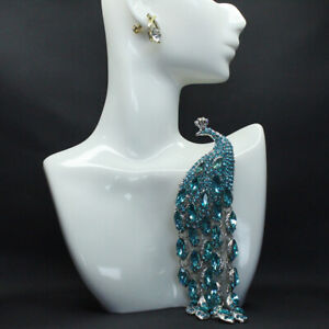 Vintage Long Tailed Sky Blue Crystal Peacock Tassel Brooch Women Accessories Pin