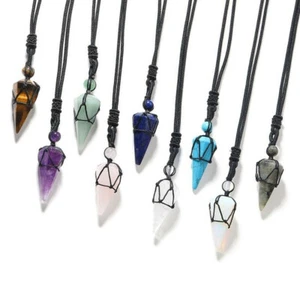 Natural Gemstone Crystal Healing Cone Hexagonal Point Pendant Wrap Necklace - Picture 1 of 22