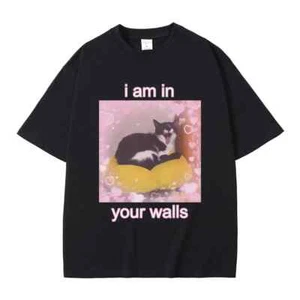 I Am in Your Walls Cute Cat Graphic Print T Shirts Men Women Vintage Hip Hop - Picture 1 of 1