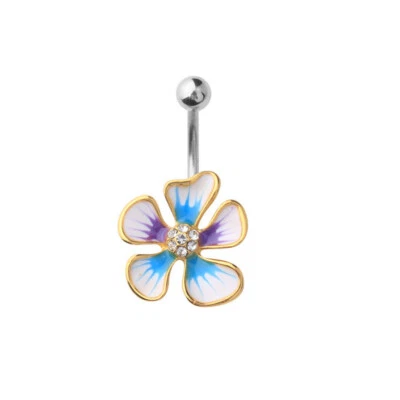 14 GA 3/8" Blue Purple Gold IP Hibiscus CZ Flower Belly Button Navel Ring B629 - Image 1 of 4
