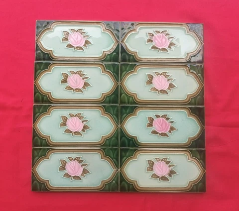8 Piece Lot Old Art Deco Floral Design Majolica Ceramic Tiles Japan 0174 Cover