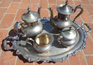Coffee Tea Set Poole Creamer Sugar Silverplate with 25” Tray - Picture 1 of 16
