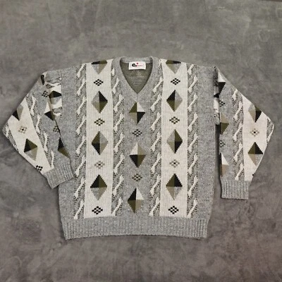 Vtg Cooper Sweater Mens Extra Large White Gray Geoetric Wool Canada Birds Eye - Image 1 of 4