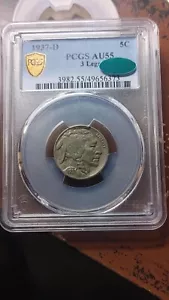 1937 D 3 Legs Buffalo Nickel PCGS CAC AU55 4997 - Picture 1 of 4