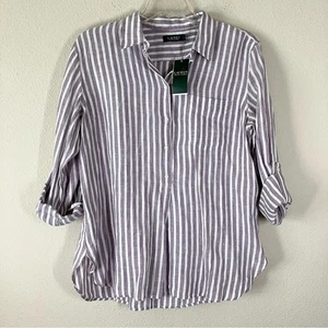 LAUREN RALPH LAUREN Leinen Langarm Shirt gestreift Pullover Bluse lila XL - Bild 1 von 15