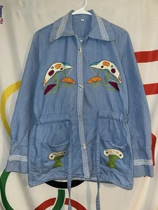 Vintage 60s 70s Embroidered Mexican Tourist Jacket Mushrooms Hippie Denim - Picture 1 of 10