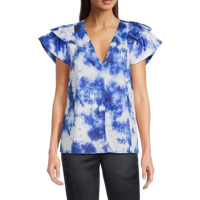 Blusa Jason Wu Azul Estampado Abstracto Manga Acampanada Abotonada Cuello en V Top Talla 0 Foto 1 de 4