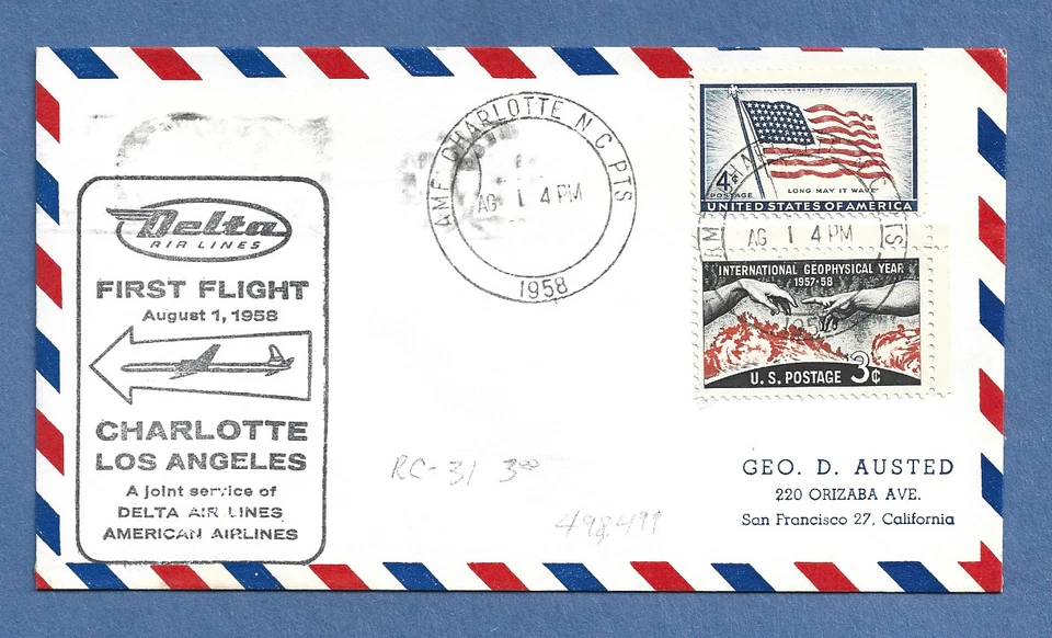 DELTA AIRLINES CHARLOTTE N.C TO SAN DIEGO AUG 1,1958 RC-31  FIRST FLIGHT COVER - Image 1 of 1