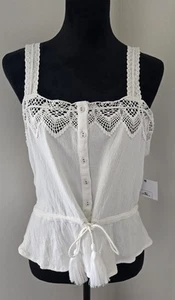NWT O'Neill Womens Large White Crochet Trim Gauze Waist Tie Tank Top - Picture 1 of 14