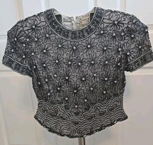 Papell Boutique Evening Size PM Beaded Top Blouse Shirt Short Sleeve Floral Silk - Picture 1 of 20